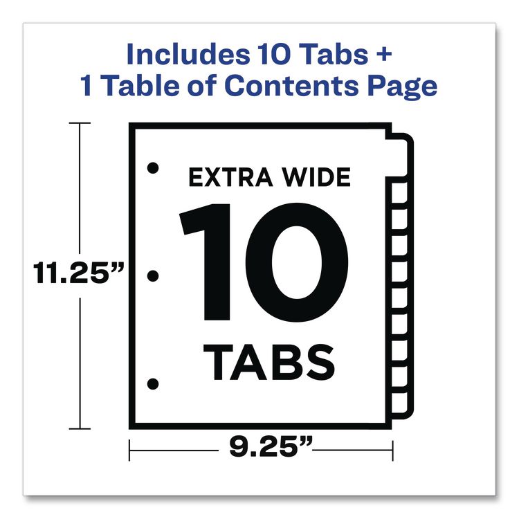 Customizable TOC Ready Index Multicolor Tab Dividers, Extra Wide Tabs, 10-Tab, 1 to 10, 11 x 9.25, White, 1 Set