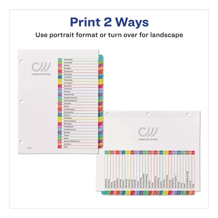Customizable TOC Ready Index Multicolor Tab Dividers, 31-Tab, 1 to 31, 11 x 8.5, White, Contemporary Color Tabs, 1 Set