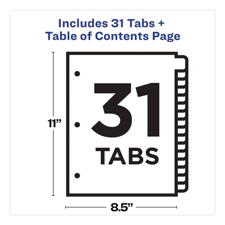 Customizable TOC Ready Index Multicolor Tab Dividers, 31-Tab, 1 to 31, 11 x 8.5, White, Contemporary Color Tabs, 1 Set