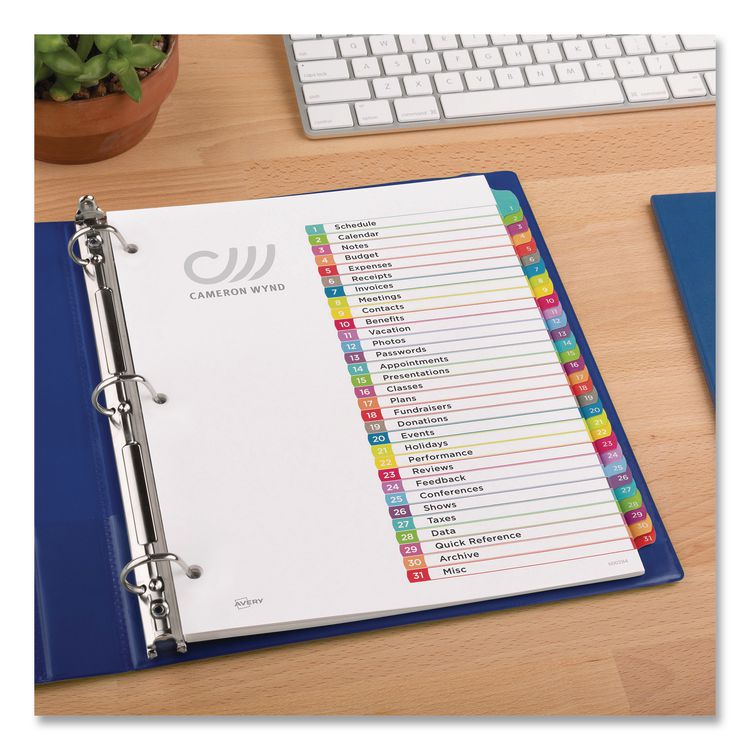 Customizable TOC Ready Index Multicolor Tab Dividers, 31-Tab, 1 to 31, 11 x 8.5, White, Contemporary Color Tabs, 1 Set