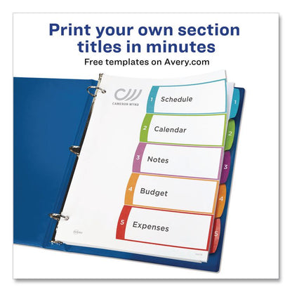 Customizable TOC Ready Index Multicolor Tab Dividers, 5-Tab, 1 to 5, 11 x 8.5, White, Contemporary Color Tabs, 1 Set