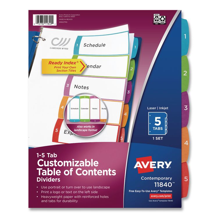 Customizable TOC Ready Index Multicolor Tab Dividers, 5-Tab, 1 to 5, 11 x 8.5, White, Contemporary Color Tabs, 1 Set