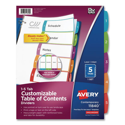 Customizable TOC Ready Index Multicolor Tab Dividers, 5-Tab, 1 to 5, 11 x 8.5, White, Contemporary Color Tabs, 1 Set