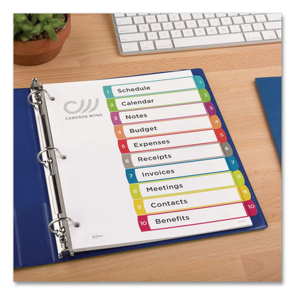 Customizable TOC Ready Index Multicolor Tab Dividers, 10-Tab, 1 to 10, 11 x 8.5, White, Contemporary Color Tabs, 1 Set