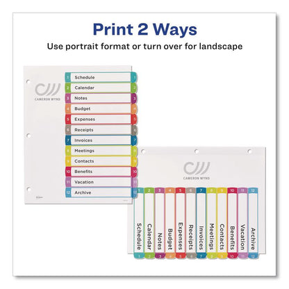Customizable TOC Ready Index Multicolor Tab Dividers, 12-Tab, 1 to 12, 11 x 8.5, White, Contemporary Color Tabs, 1 Set