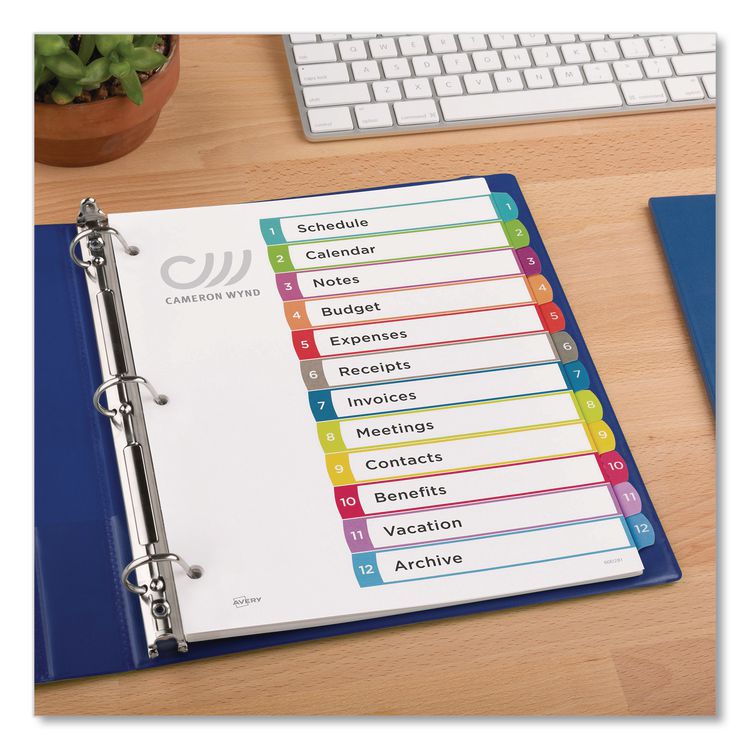 Customizable TOC Ready Index Multicolor Tab Dividers, 12-Tab, 1 to 12, 11 x 8.5, White, Contemporary Color Tabs, 1 Set