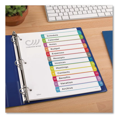 Customizable TOC Ready Index Multicolor Tab Dividers, 12-Tab, 1 to 12, 11 x 8.5, White, Contemporary Color Tabs, 1 Set