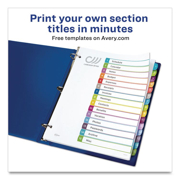 Customizable TOC Ready Index Multicolor Tab Dividers, 15-Tab, 1 to 15, 11 x 8.5, White, Contemporary Color Tabs, 1 Set