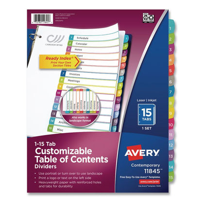Customizable TOC Ready Index Multicolor Tab Dividers, 15-Tab, 1 to 15, 11 x 8.5, White, Contemporary Color Tabs, 1 Set