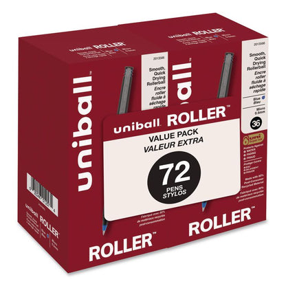 Rollerball Pen, Stick, Micro 0.5 mm, Blue Ink, Black/Blue Barrel, 72/Pack