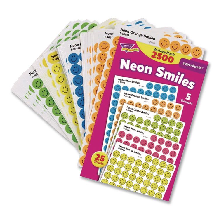 SuperSpots and SuperShapes Sticker Variety Packs, Neon Smiles, Assorted Colors, 2,500/Pack