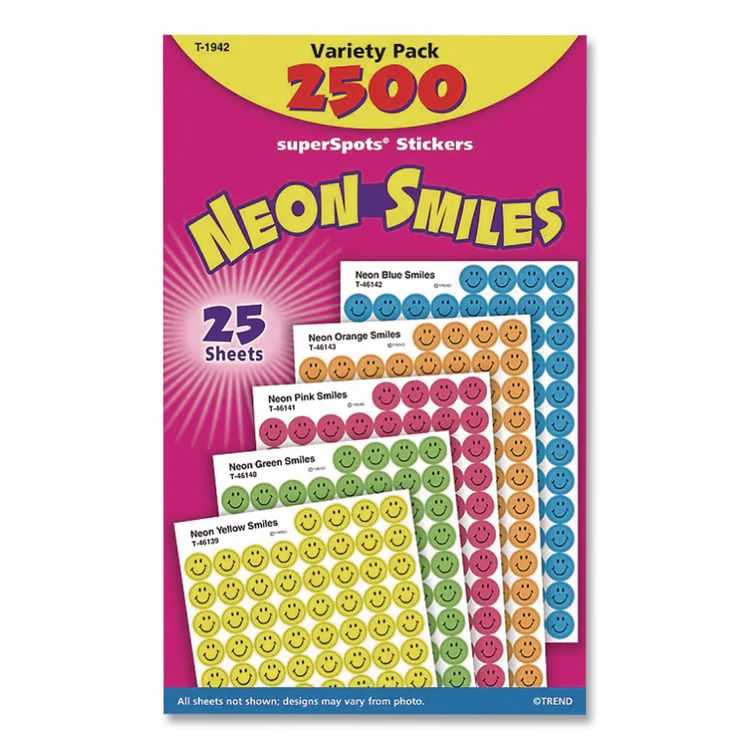 SuperSpots and SuperShapes Sticker Variety Packs, Neon Smiles, Assorted Colors, 2,500/Pack