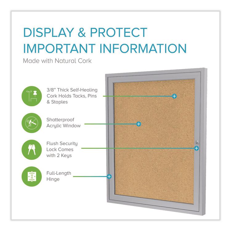 1 Door Enclosed Natural Cork Bulletin Board with Satin Frame, 24" x 36", Tan Surface, Satin Aluminum Frame
