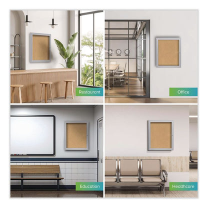 1 Door Enclosed Natural Cork Bulletin Board with Satin Frame, 30" x 36", Tan Surface, Satin Aluminum Frame