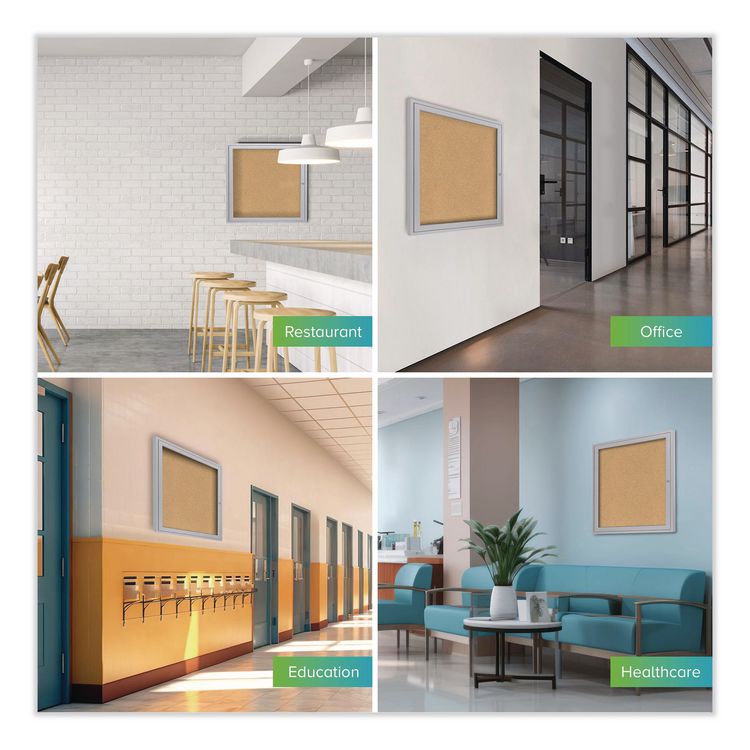 1 Door Enclosed Natural Cork Bulletin Board with Satin Frame, 36" x 36", Tan Surface, Satin Aluminum Frame