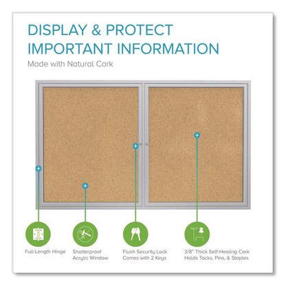 2 Door Enclosed Natural Cork Bulletin Board with Satin Frame, 48" x 36", Tan Surface, Satin Aluminum Frame