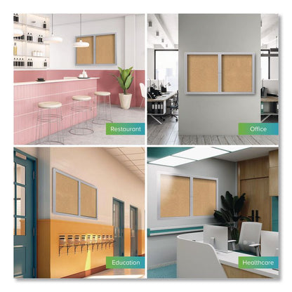 2 Door Enclosed Natural Cork Bulletin Board with Satin Frame, 48" x 36", Tan Surface, Satin Aluminum Frame