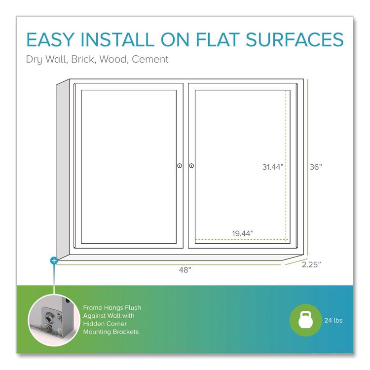 2 Door Enclosed Natural Cork Bulletin Board with Satin Frame, 48" x 36", Tan Surface, Satin Aluminum Frame
