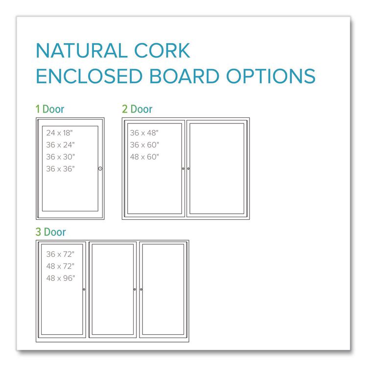 2 Door Enclosed Natural Cork Bulletin Board with Satin Frame, 48" x 36", Tan Surface, Satin Aluminum Frame