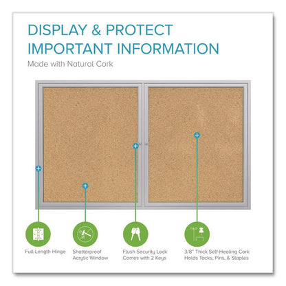 2 Door Enclosed Natural Cork Bulletin Board with Satin Frame, 60" x 36", Tan Surface, Satin Aluminum Frame