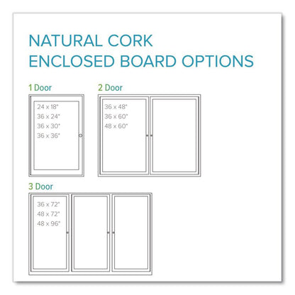 2 Door Enclosed Natural Cork Bulletin Board with Satin Frame, 60" x 48", Tan Surface, Satin Aluminum Frame
