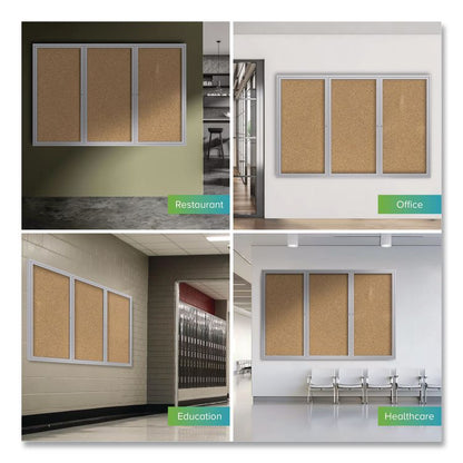 2 Door Enclosed Natural Cork Bulletin Board with Satin Frame, 72" x 36", Tan Surface, Satin Aluminum Frame