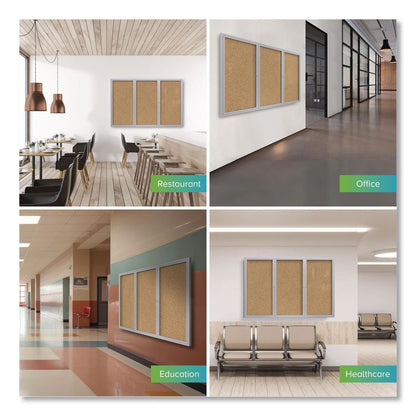 3 Door Enclosed Natural Cork Bulletin Board with Satin Frame, 72" x 48", Tan Surface, Satin Aluminum Frame