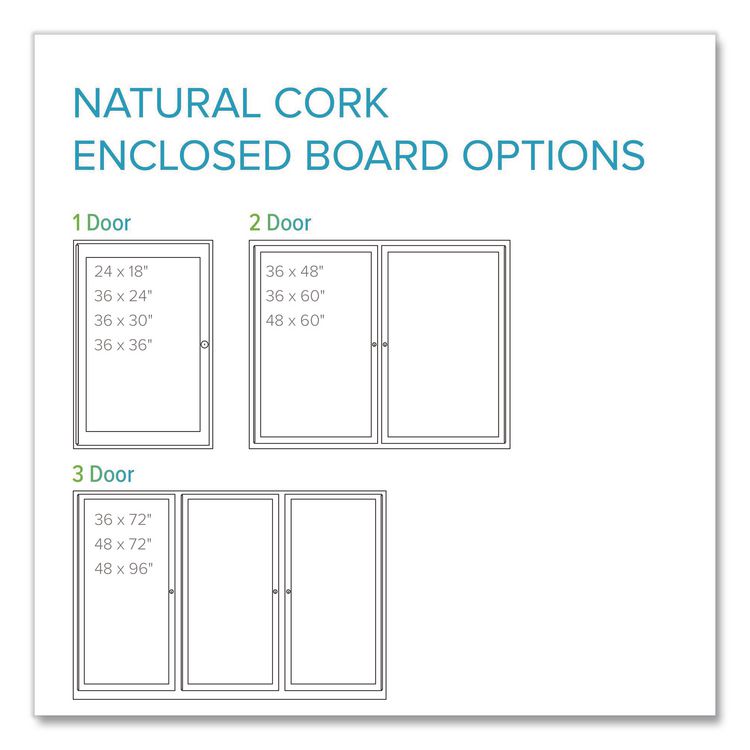 3 Door Enclosed Natural Cork Bulletin Board with Satin Frame, 72" x 48", Tan Surface, Satin Aluminum Frame