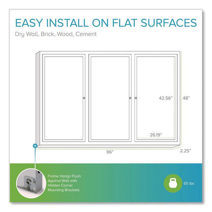 3 Door Enclosed Natural Cork Bulletin Board with Satin Frame, 96" x 48", Tan Surface, Satin Aluminum Frame