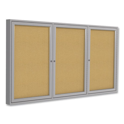 3 Door Enclosed Natural Cork Bulletin Board with Satin Frame, 96" x 48", Tan Surface, Satin Aluminum Frame