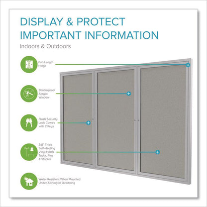 3 Door Enclosed Vinyl Bulletin Board with Satin Frame, 72" x 48", Silver Surface, Satin Aluminum Frame