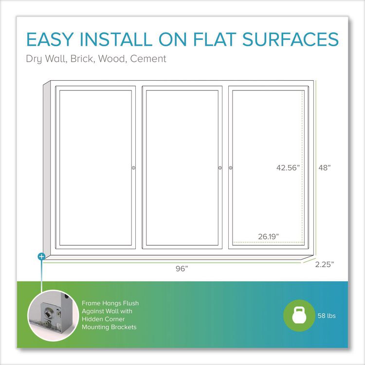 3 Door Enclosed Vinyl Bulletin Board with Satin Frame, 96" x 48", Silver Surface, Satin Aluminum Frame