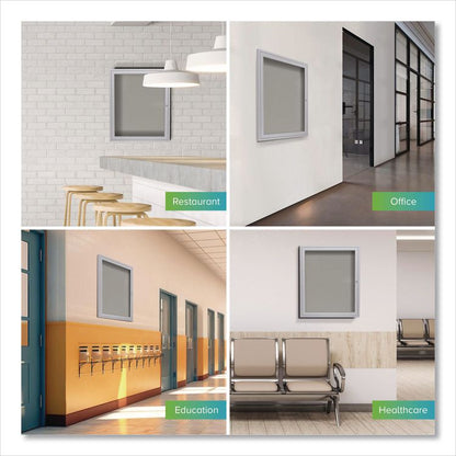 1 Door Enclosed Vinyl Bulletin Board with Satin Frame, 24" x 36", Silver Surface, Satin Aluminum Frame