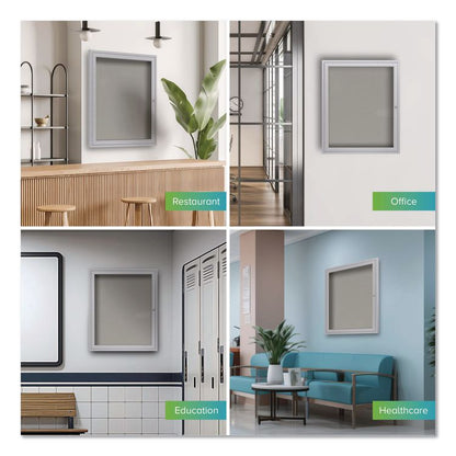 1 Door Enclosed Vinyl Bulletin Board with Satin Frame, 36" x 36", Silver Surface, Satin Aluminum Frame