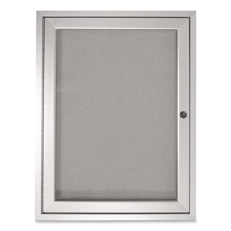 1 Door Enclosed Vinyl Bulletin Board with Satin Frame, 36" x 36", Silver Surface, Satin Aluminum Frame