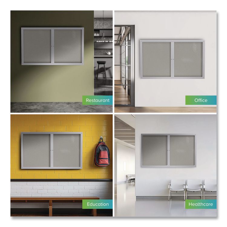 2 Door Enclosed Vinyl Bulletin Board with Satin Frame, 48" x 36", Silver Surface, Satin Aluminum Frame