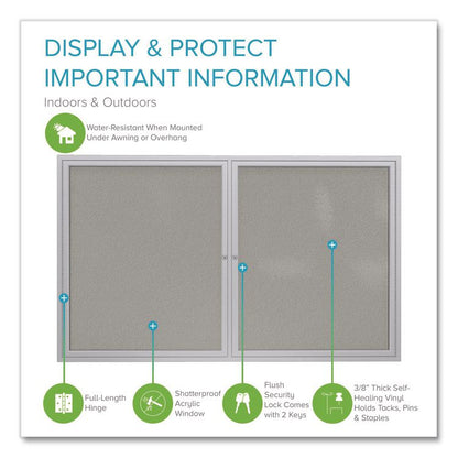 2 Door Enclosed Vinyl Bulletin Board with Satin Frame, 60" x 36", Silver Surface, Satin Aluminum Frame