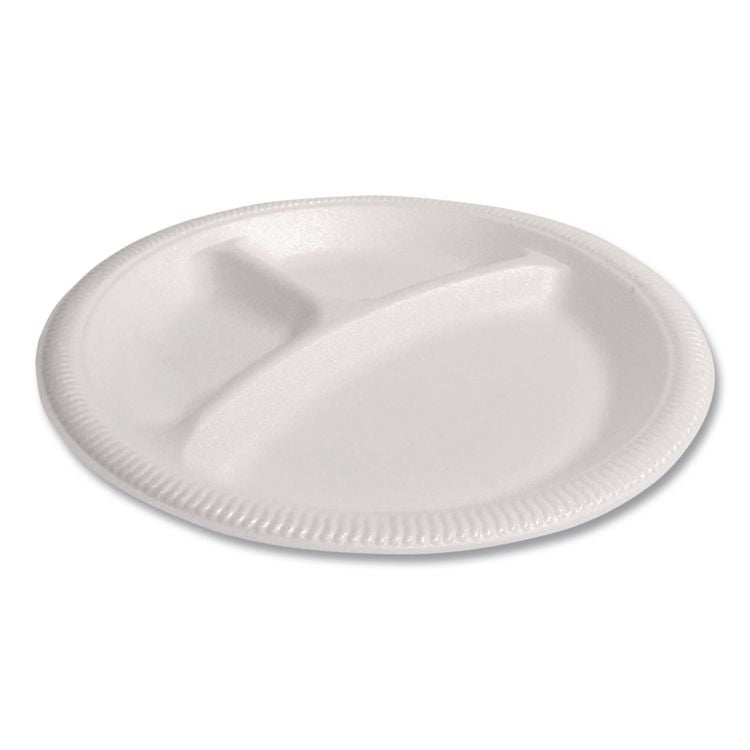 Foam Dinnerware, 3-Compartment Plate, 9" dia, White, 125/Sleeve, 4 Sleeves/Pack
