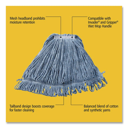 Super Stitch Blend Mop Head, Cotton/Synthetic, Large, 1" Red Headband, Blue, 6/Carton