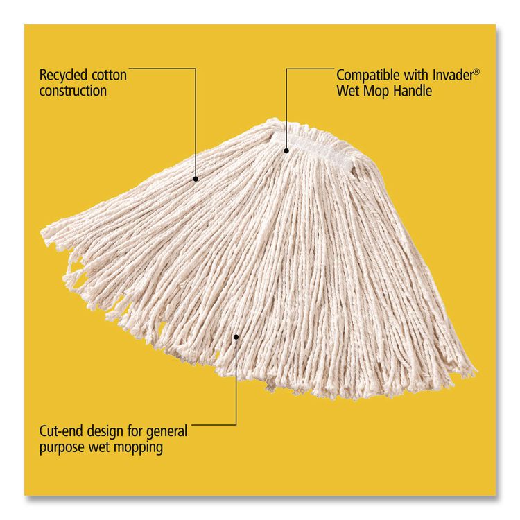 Non-Launderable Premium Cut-End Cotton Wet Mop Head, 16 oz, White, 1" White Band, 12/Carton
