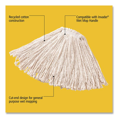 Non-Launderable Premium Cut-End Cotton Wet Mop Head, 16 oz, White, 1" White Band, 12/Carton