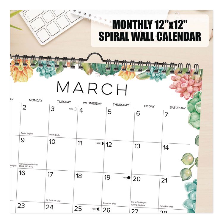 Succulents 2026 Spiral Wall Calendar, Succulents Artwork, 12 x 12, Multicolor Sheets, 12-Month (Jan to Dec): 2026