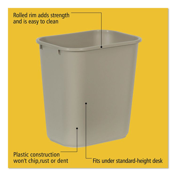 Deskside Plastic Wastebasket, 7 gal, Plastic, Beige