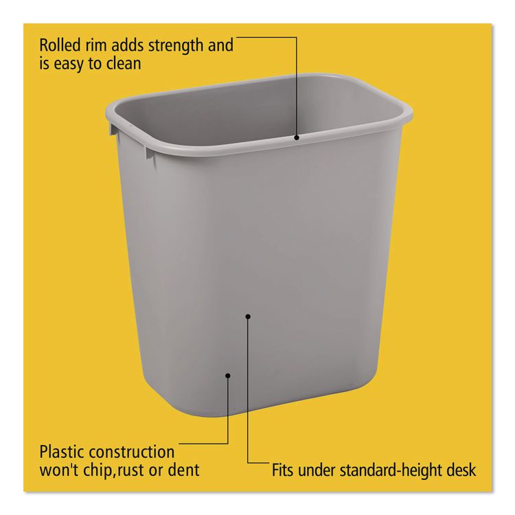 Deskside Plastic Wastebasket, 7 gal, Plastic, Gray