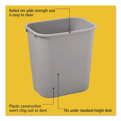 Deskside Plastic Wastebasket, 7 gal, Plastic, Gray