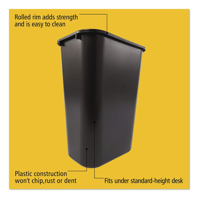 Deskside Plastic Wastebasket, 10.25 gal, Plastic, Black