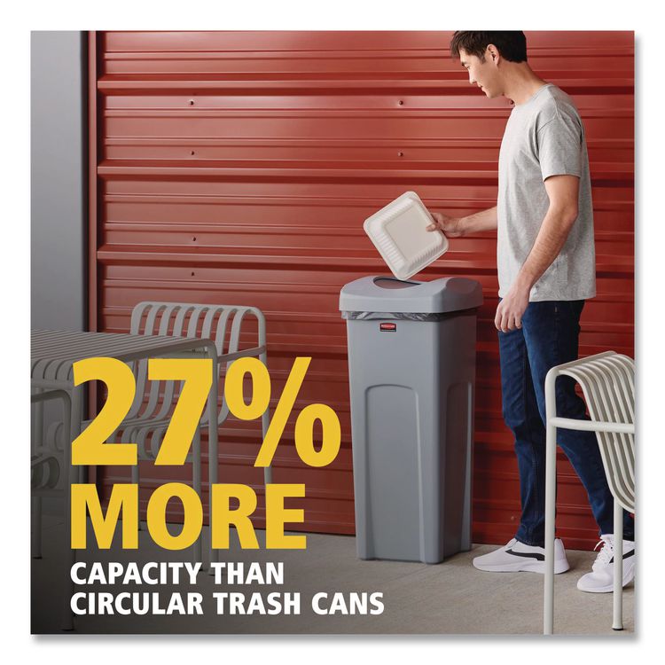 Universal Square Trash Can with Swing Lid, 23 gal, Plastic, Gray