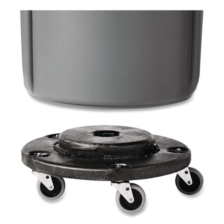 Brute Round Twist On/Off Dolly, 250 lb Capacity, 18" dia x 6.63"h, Fits 20 to 55 Gallon BRUTE Containers, Black