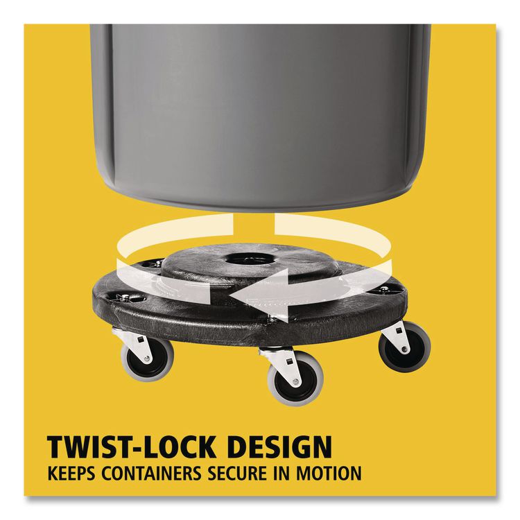 Brute Round Twist On/Off Dolly, 250 lb Capacity, 18" dia x 6.63"h, Fits 20 to 55 Gallon BRUTE Containers, Black