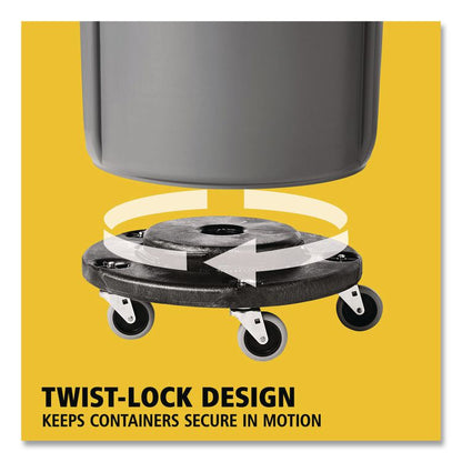 Brute Round Twist On/Off Dolly, 250 lb Capacity, 18" dia x 6.63"h, Fits 20 to 55 Gallon BRUTE Containers, Black